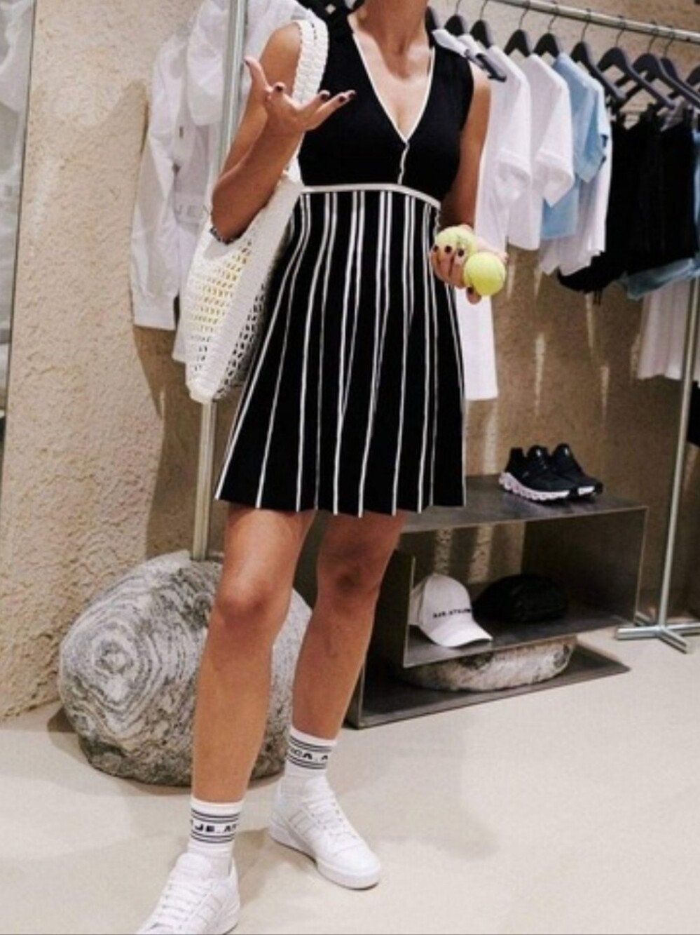 Aje Black White Striped Knit Tennis Dress Sleeveless V-Neck Collared Mini Pleats